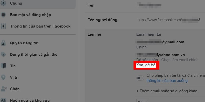 Thêm, xóa tài khoản email trên facebook
